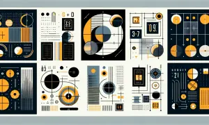Abstrakcyjne kompozycje geometryczne w stylu retro, inspirowane złotym podziałem. Fotografia ukazuje symetrię i harmonię kształtów.