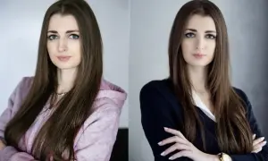 Dwie wersje portretu kobiety, idealne jako zdjęcie do CV telefonem. Wersja casual w bluzie i wersja formalna w marynarce.