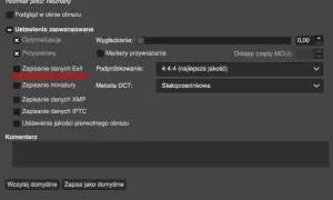 Ustawienia zaawansowane: zapisywanie danych Exif, podpróbkowanie 4:4:4 (najlepsza jakość), metoda DCT stałoprzecinkowa. Brak opcji obracania obrazu.