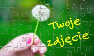 Jak zrobić puzzle ze zdjęcia? Dmuchawiec w dłoni, tekst "Twoje zdjęcie" na zielonym tle.