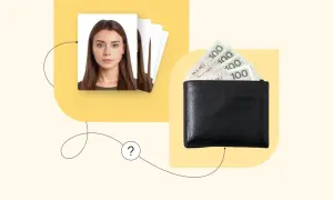 Zdjęcie portretowe kobiety obok portfela z polskimi banknotami 100 zł.