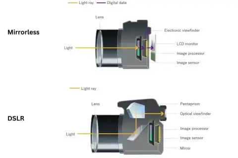 Schemat porównuje budowę bezlusterkowców i lustrzanek. W bezlusterkowcach światło trafia prosto na sensor, w lustrzankach odbija się od lustra.
