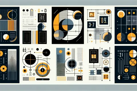 Abstrakcyjne kompozycje geometryczne w stylu retro, inspirowane złotym podziałem. Fotografia ukazuje symetrię i harmonię kształtów.