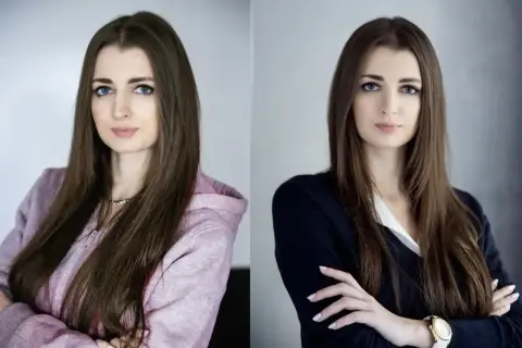 Dwie wersje portretu kobiety, idealne jako zdjęcie do CV telefonem. Wersja casual w bluzie i wersja formalna w marynarce.