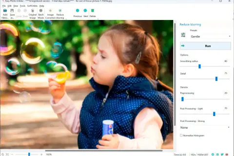 Dziewczynka dmucha bańki. Program Easy Photo Unblur pomaga jak wyostrzyć zdjęcie, oferując opcje redukcji rozmycia i poprawy detali.