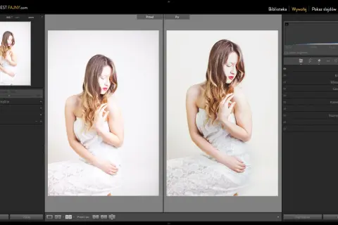 Kobieta w białej sukni, porównanie przed i po obróbce zdjęć w programie Lightroom.