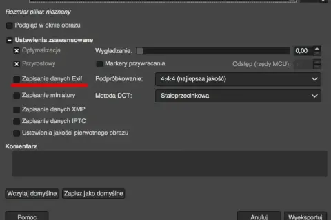 Ustawienia zaawansowane: zapisywanie danych Exif, podpróbkowanie 4:4:4 (najlepsza jakość), metoda DCT stałoprzecinkowa. Brak opcji obracania obrazu.