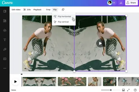 Jak zrobić odbicie lustrzane zdjęcia w Canvie? Kliknij "Flip", a następnie "Flip horizontal", aby uzyskać efekt lustrzanego odbicia.
