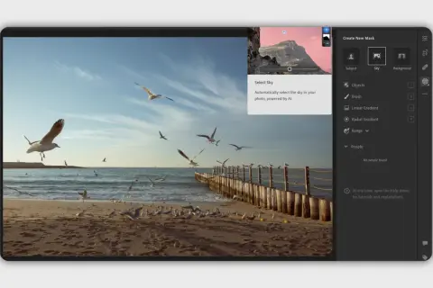 Edycja nieba w Lightroom free. Zdjęcie plaży z mewami i drewnianym molo.