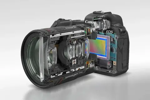 Przekrój aparatu Canon EOS R z obiektywem RF 24-70mm, ukazujący jego wnętrze i matrycę APS-C.