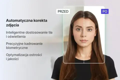 Automatyczna korekta zdjęcia z precyzyjnym kadrowaniem biometrycznym. Porównanie "przed" i "po" pokazuje ulepszenia.
