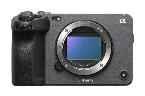 Szara obudowa aparatu Sony fx3 z uchwytem i obiektywem E-mount.