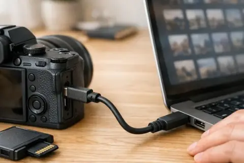 Kabel USB łączy aparat z laptopem, ułatwiając proces, jak zgrać zdjęcia z aparatu na komputer. Obok leży karta pamięci.