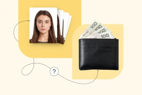Zdjęcie portretowe kobiety obok portfela z polskimi banknotami 100 zł.