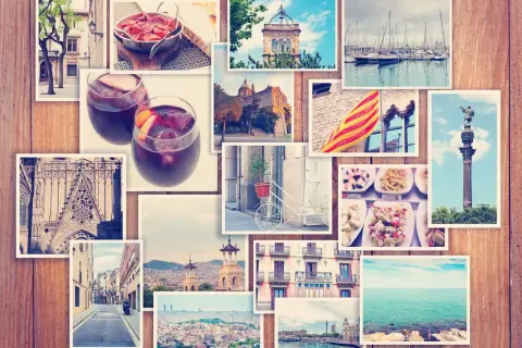 Kolaż wspomnień z Barcelony: sangria, zabytki, urokliwe uliczki i widok na morze.