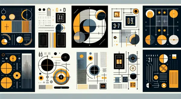 Abstrakcyjne kompozycje geometryczne w stylu retro, inspirowane złotym podziałem. Fotografia ukazuje symetrię i harmonię kształtów.