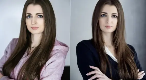 Dwie wersje portretu kobiety, idealne jako zdjęcie do CV telefonem. Wersja casual w bluzie i wersja formalna w marynarce.
