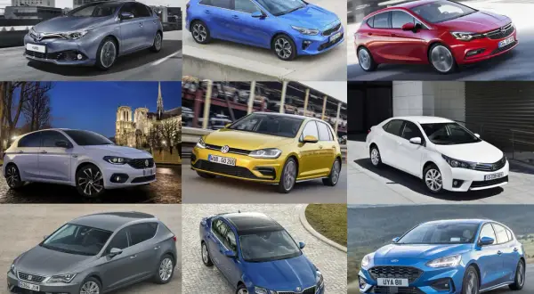 Kompaktowe samochody z rankingu: Toyota Auris, Kia Ceed, Opel Astra, Fiat Tipo, VW Golf, Toyota Corolla, Seat Leon, Skoda Octavia, Ford Focus.