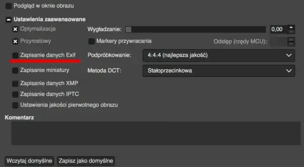 Ustawienia zaawansowane: zapisywanie danych Exif, podpróbkowanie 4:4:4 (najlepsza jakość), metoda DCT stałoprzecinkowa. Brak opcji obracania obrazu.