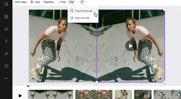 Jak zrobić odbicie lustrzane zdjęcia w Canvie? Kliknij "Flip", a następnie "Flip horizontal", aby uzyskać efekt lustrzanego odbicia.