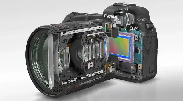 Przekrój aparatu Canon EOS R z obiektywem RF 24-70mm, ukazujący jego wnętrze i matrycę APS-C.
