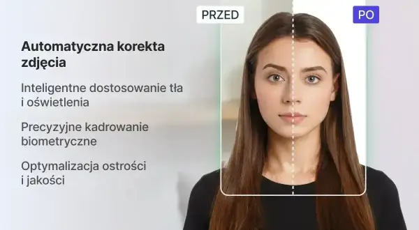 Automatyczna korekta zdjęcia z precyzyjnym kadrowaniem biometrycznym. Porównanie "przed" i "po" pokazuje ulepszenia.