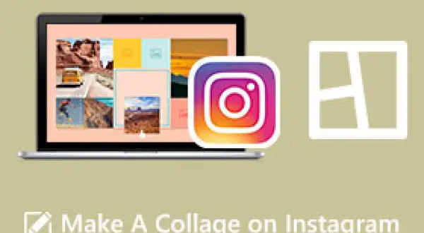 Jak zrobic kolaż na IG? Laptop z wieloma zdjęciami, logo Instagrama i ikonka kolażu.