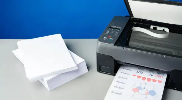 Stos białego papieru obok drukarki atramentowej, która właśnie drukuje dokument. Jaki papier do drukarki atramentowej wybrać, by uzyskać najlepsze rezultaty?