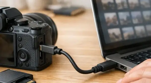 Kabel USB łączy aparat z laptopem, ułatwiając proces, jak zgrać zdjęcia z aparatu na komputer. Obok leży karta pamięci.