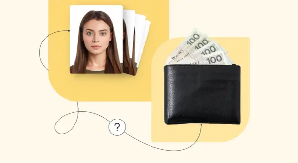 Zdjęcie portretowe kobiety obok portfela z polskimi banknotami 100 zł.