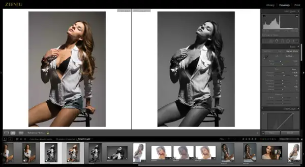 Kobieta w białej koszuli i jeansowych szortach, edycja w Lightroom. Kurs Lightroom.