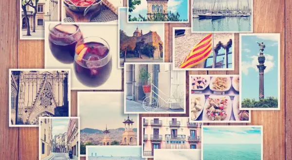 Kolaż wspomnień z Barcelony: sangria, zabytki, urokliwe uliczki i widok na morze.