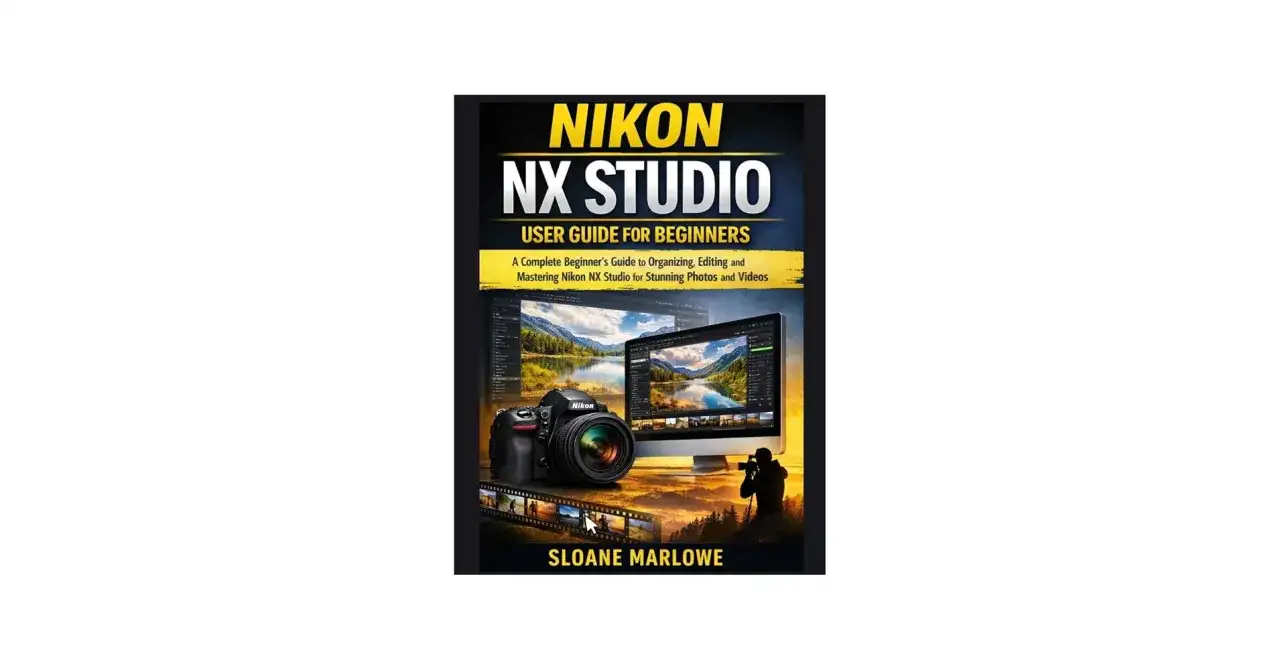 Okładka książki "Nikon NX Studio po polsku" z aparatem, komputerem i krajobrazem.
