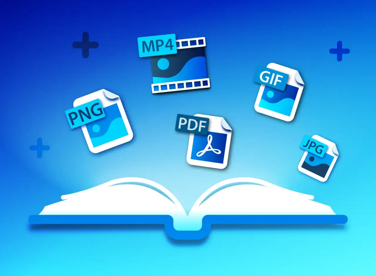 Otwarta księga symbolizuje wiedzę, a unoszące się ikony plików (PNG, MP4, PDF, GIF, JPG) pokazują, jak zapisać zdjęcie w JPG i inne formaty.