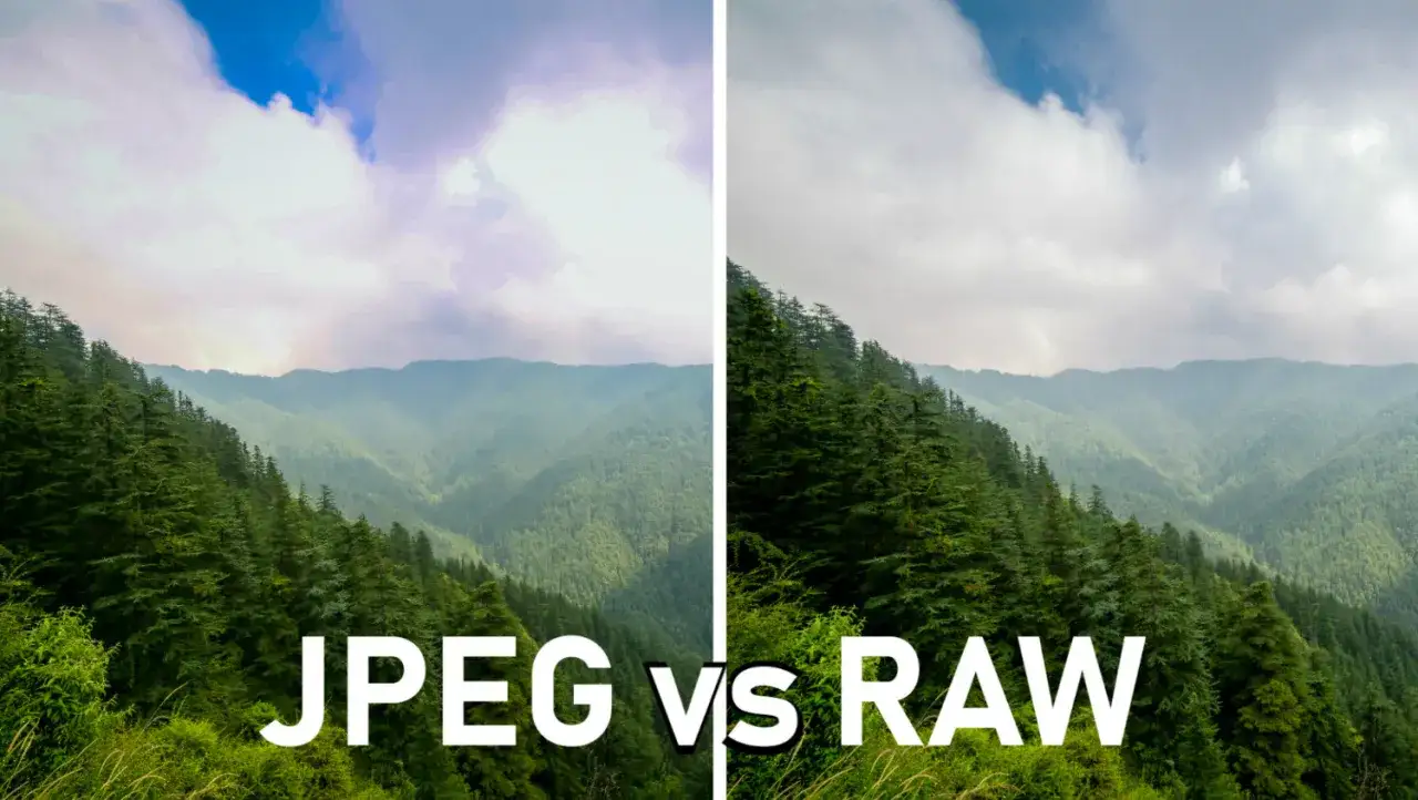 Porównanie krajobrazu górskiego: po lewej JPEG, po prawej RAW. Widać różnicę w szczegółach i kolorach między formatami.